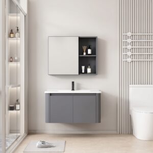 Ensemble Meuble de Salle de Bain Minimaliste Suspendu aux Bords Arrondis avec Armoire de Toilette - 60 cm (Gris)