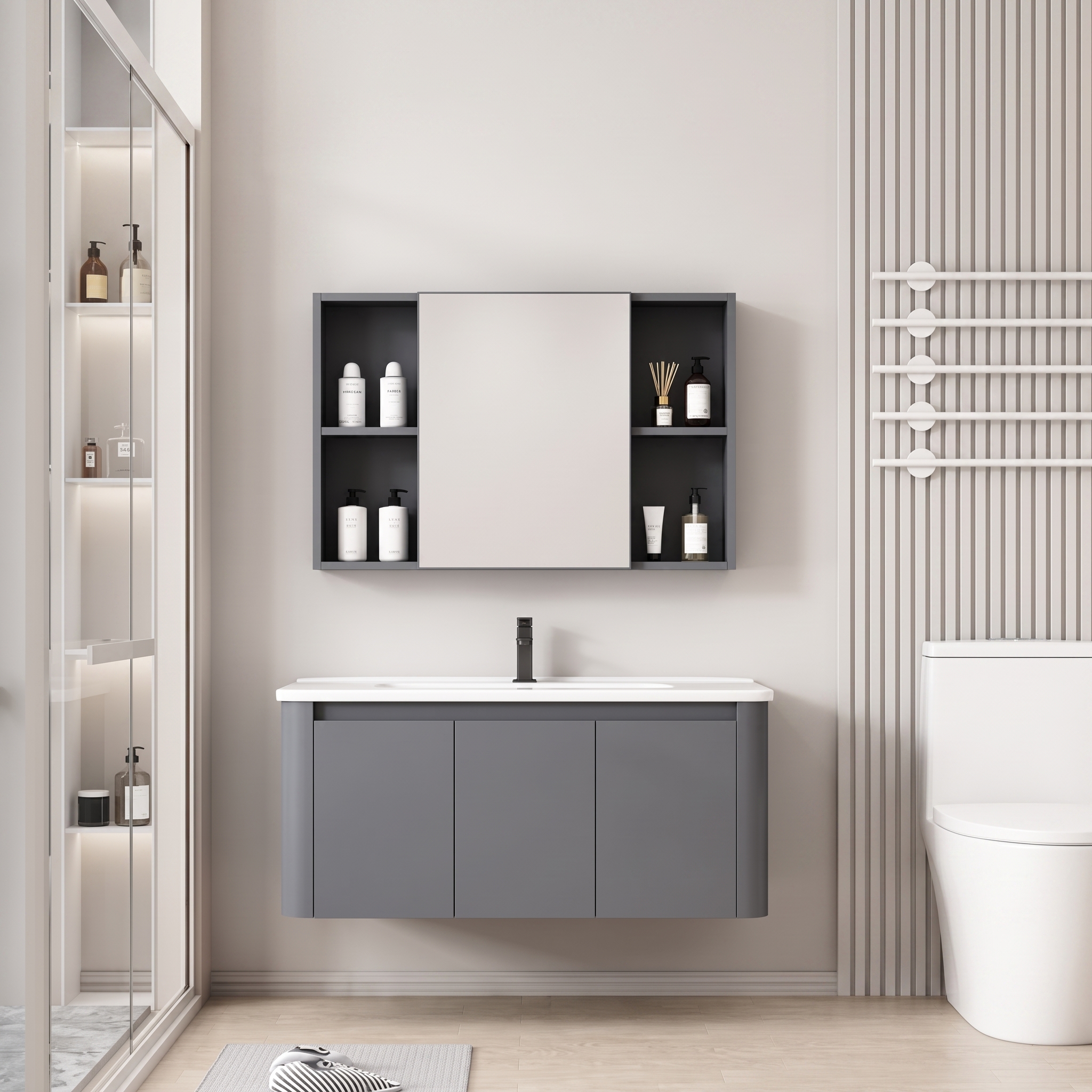 Pack Ensemble Meuble de Salle de Bain Familial Suspendu aux Bords Arrondis avec Grande Armoire de Toilette Symétrique - 100 cm (Gris)