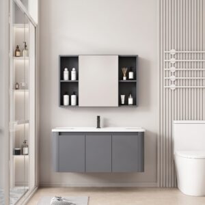 Ensemble Meuble de Salle de Bain Familial Suspendu aux Bords Arrondis avec Grande Armoire de Toilette Symétrique - 90 cm (Gris)