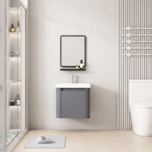 Ensemble Meuble de Salle de Bain Compact Suspendu aux Bords Arrondis avec Miroir et Étagère - 50 cm (Gris)