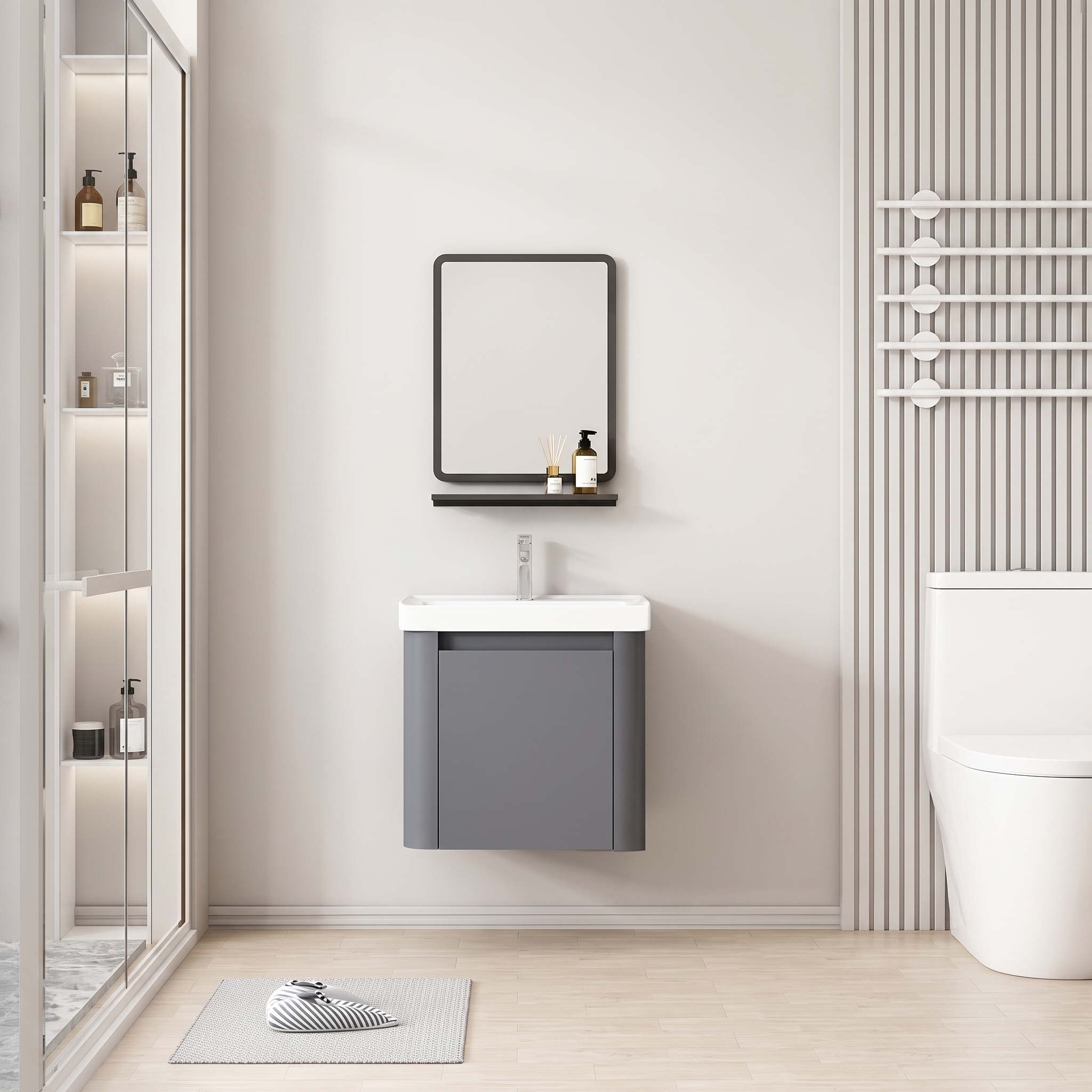 Pack Ensemble Meuble Lave-Mains Suspendu aux Bords Arrondis avec Miroir et Étagère - 40 cm (Gris)