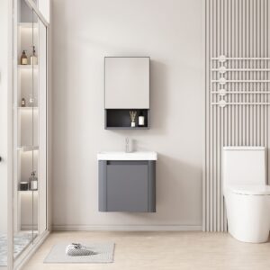 Ensemble Meuble de Salle de Bain Ultra-Compact Suspendu aux Bords Arrondis avec Armoire de Toilette et Niche - 40 cm (Gris)