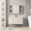 Pack Ensemble Meuble de Salle de Bain Familial Suspendu aux Bords Arrondis avec Grande Armoire de Toilette LED Symétrique (Beige Clair)