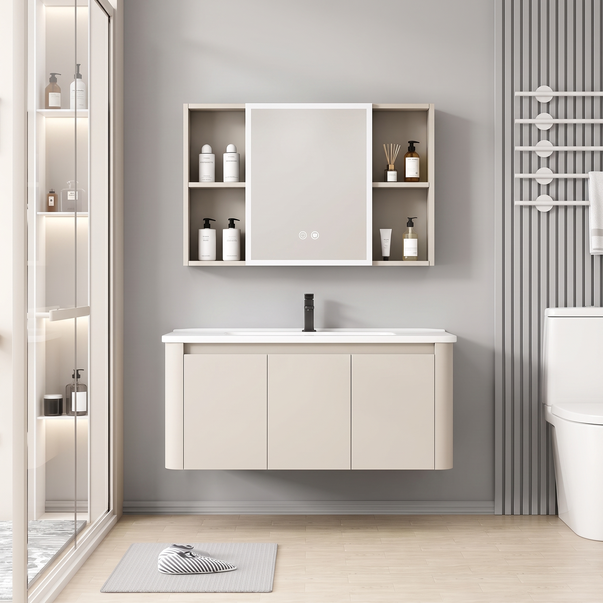 Pack Ensemble Meuble de Salle de Bain Familial Suspendu aux Bords Arrondis avec Grande Armoire de Toilette LED Symétrique (Beige Clair)