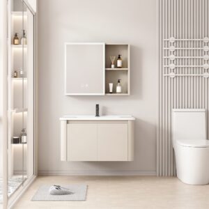 Ensemble Meuble de Salle de Bain Minimaliste Suspendu aux Bords Arrondis avec Armoire de Toilette LED - 70 cm (Beige Clair)