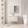 PackEnsemble Meuble de Salle de Bain Minimaliste Suspendu aux Bords Arrondis avec Armoire de Toilette LED - 60 cm (Beige Clair)