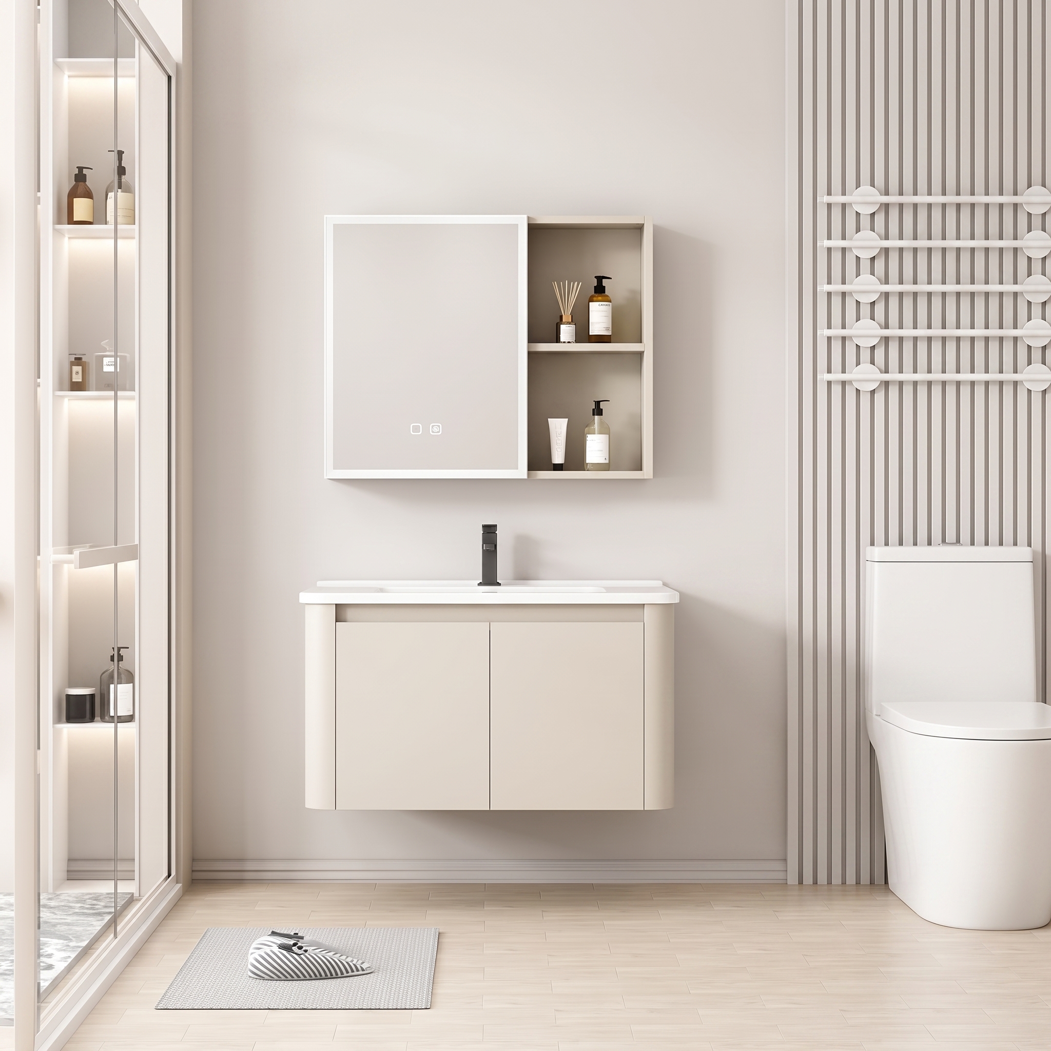 PackEnsemble Meuble de Salle de Bain Minimaliste Suspendu aux Bords Arrondis avec Armoire de Toilette LED - 60 cm (Beige Clair)