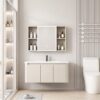 Pack Ensemble Meuble de Salle de Bain Familial Suspendu aux Bords Arrondis avec Grande Armoire de Toilette LED Symétrique - 90 cm (Beige Clair)