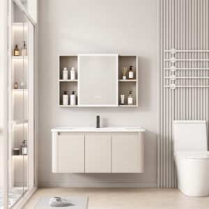 Ensemble Meuble de Salle de Bain Familial Suspendu aux Bords Arrondis avec Grande Armoire de Toilette LED Symétrique - 90 cm (Beige Clair)