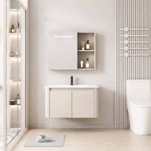 Ensemble Meuble de Salle de Bain Minimaliste Suspendu aux Bords Arrondis avec Armoire de Toilette à Bandeau LED - 70 cm (Beige Clair)