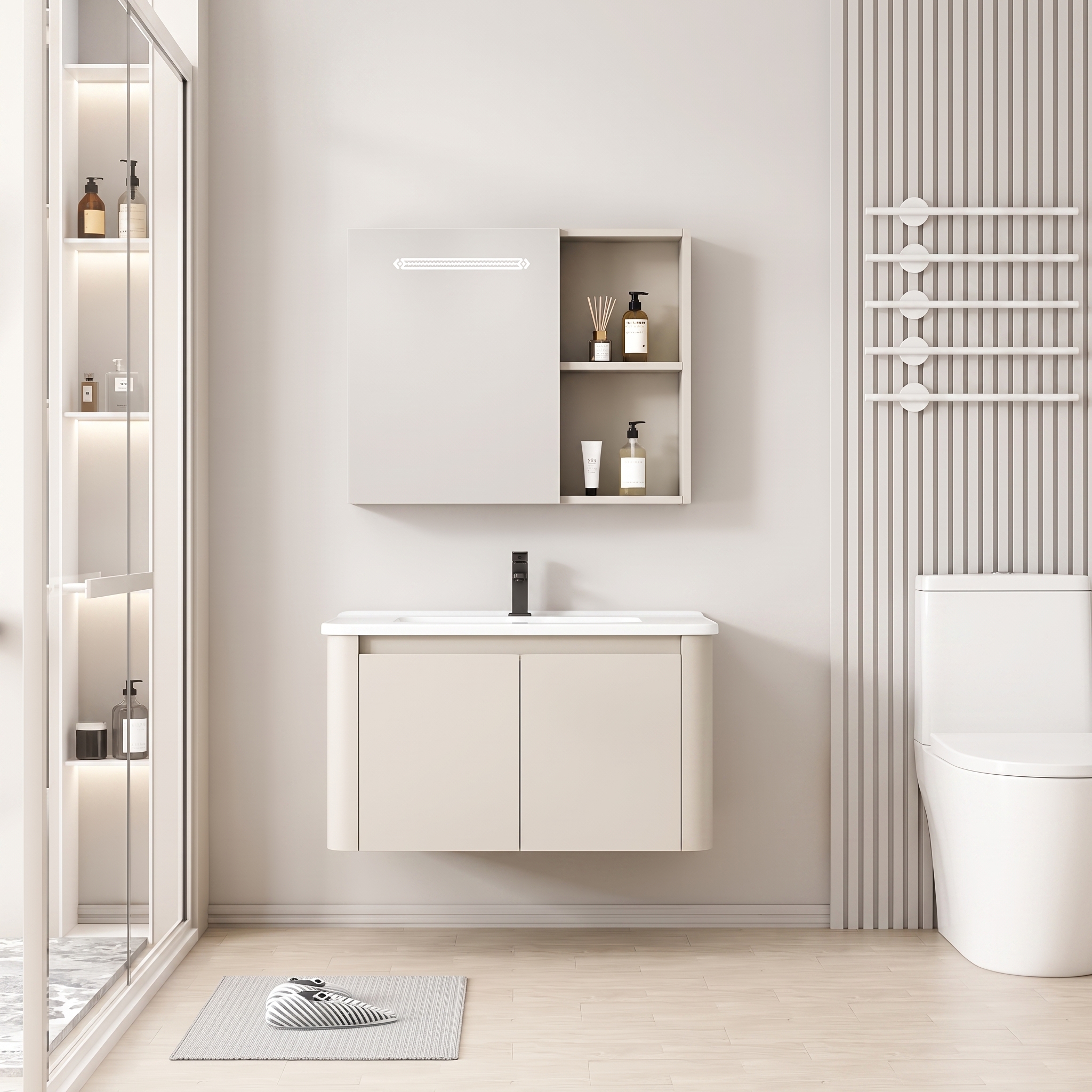 Pack Ensemble Meuble de Salle de Bain Minimaliste Suspendu aux Bords Arrondis avec Armoire de Toilette à Bandeau LED - 70 cm (Beige Clair)