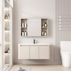 Ensemble Meuble de Salle de Bain Familial Suspendu aux Bords Arrondis avec Grande Armoire de Toilette à Bandeau LED - 100 cm (Beige Clair)