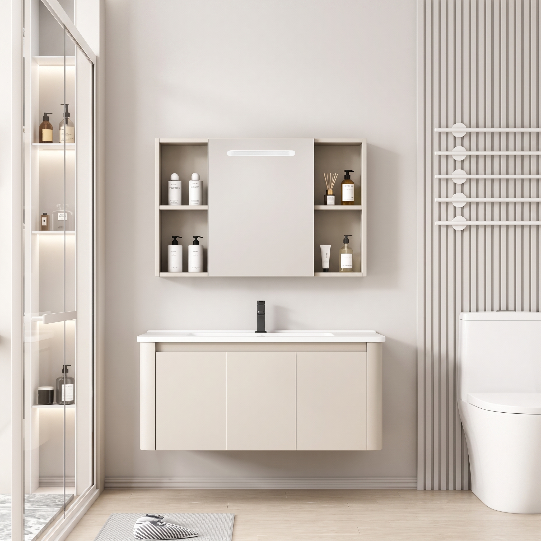 Pack Ensemble Meuble de Salle de Bain Familial Suspendu aux Bords Arrondis avec Grande Armoire de Toilette à Bandeau LED - 100 cm (Beige Clair)
