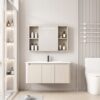 Pack Ensemble Meuble de Salle de Bain Familial Suspendu aux Bords Arrondis avec Grande Armoire de Toilette à Bandeau LED Symétrique - 90 cm (Beige Clair)