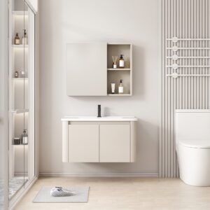 Ensemble Meuble de Salle de Bain Minimaliste Suspendu aux Bords Arrondis avec Armoire de Toilette - 60 cm (Beige Clair)