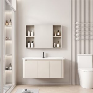 Ensemble Meuble de Salle de Bain Familial Suspendu aux Bords Arrondis avec Grande Armoire de Toilette Symétrique - 100 cm (Beige Clair)