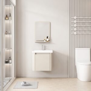 Ensemble Meuble de Salle de Bain Compact Suspendu aux Bords Arrondis avec Miroir et Étagère - 50 cm (Beige Clair)
