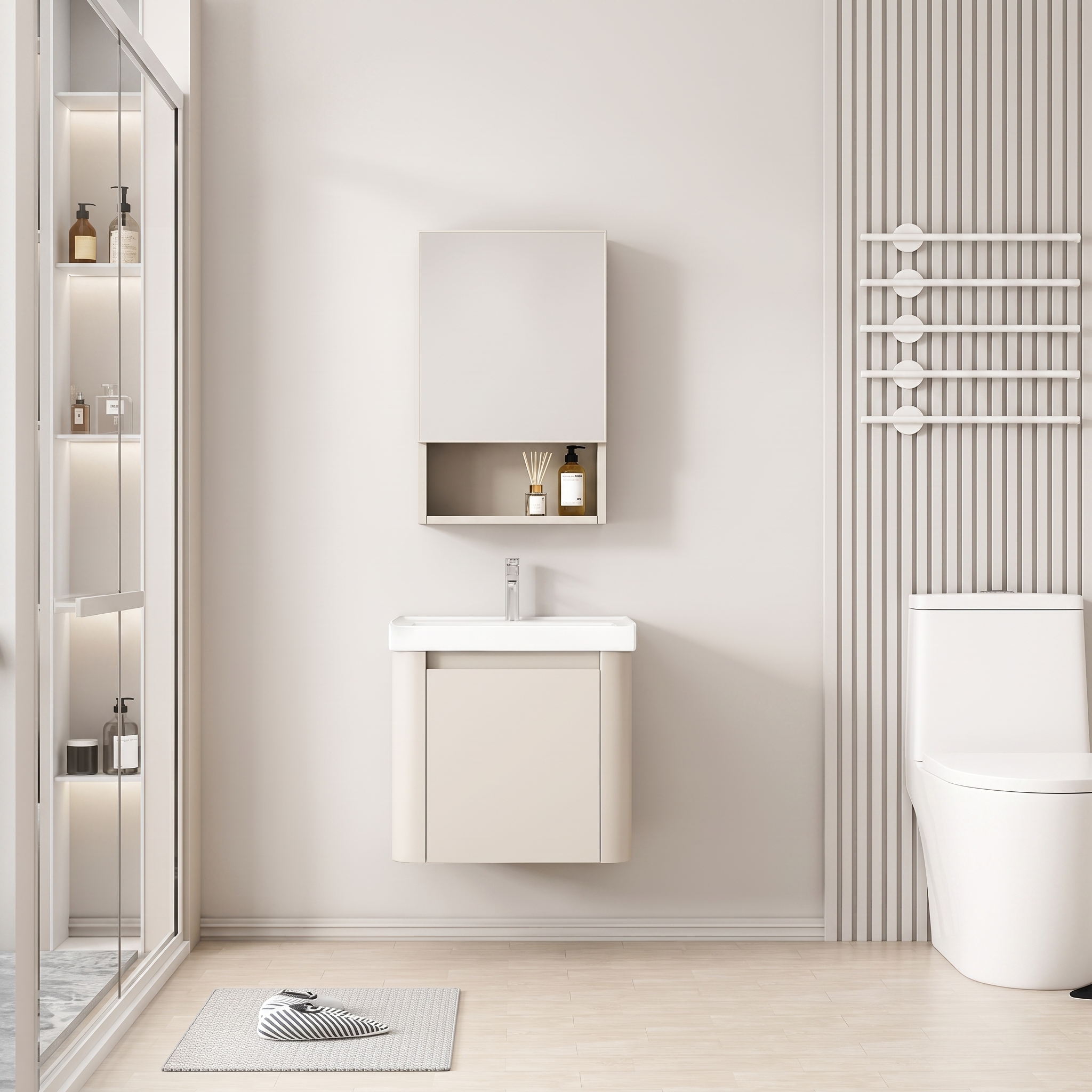 Pack Ensemble Meuble de Salle de Bain Compact Suspendu aux Bords Arrondis avec Armoire de Toilette et Niche - 50 cm (Beige Clair)