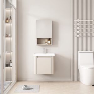 Ensemble Meuble de Salle de Bain Ultra-Compact Suspendu aux Bords Arrondis avec Armoire de Toilette et Niche - 40 cm (Beige Clair)