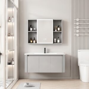 Ensemble Meuble de Salle de Bain Familial Suspendu aux Bords Arrondis avec Grande Armoire de Toilette LED Symétrique - 100 cm (Gris Clair)