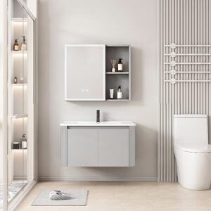 Ensemble Meuble de Salle de Bain Minimaliste Suspendu aux Bords Arrondis avec Armoire de Toilette LED - 70 cm (Gris Clair)