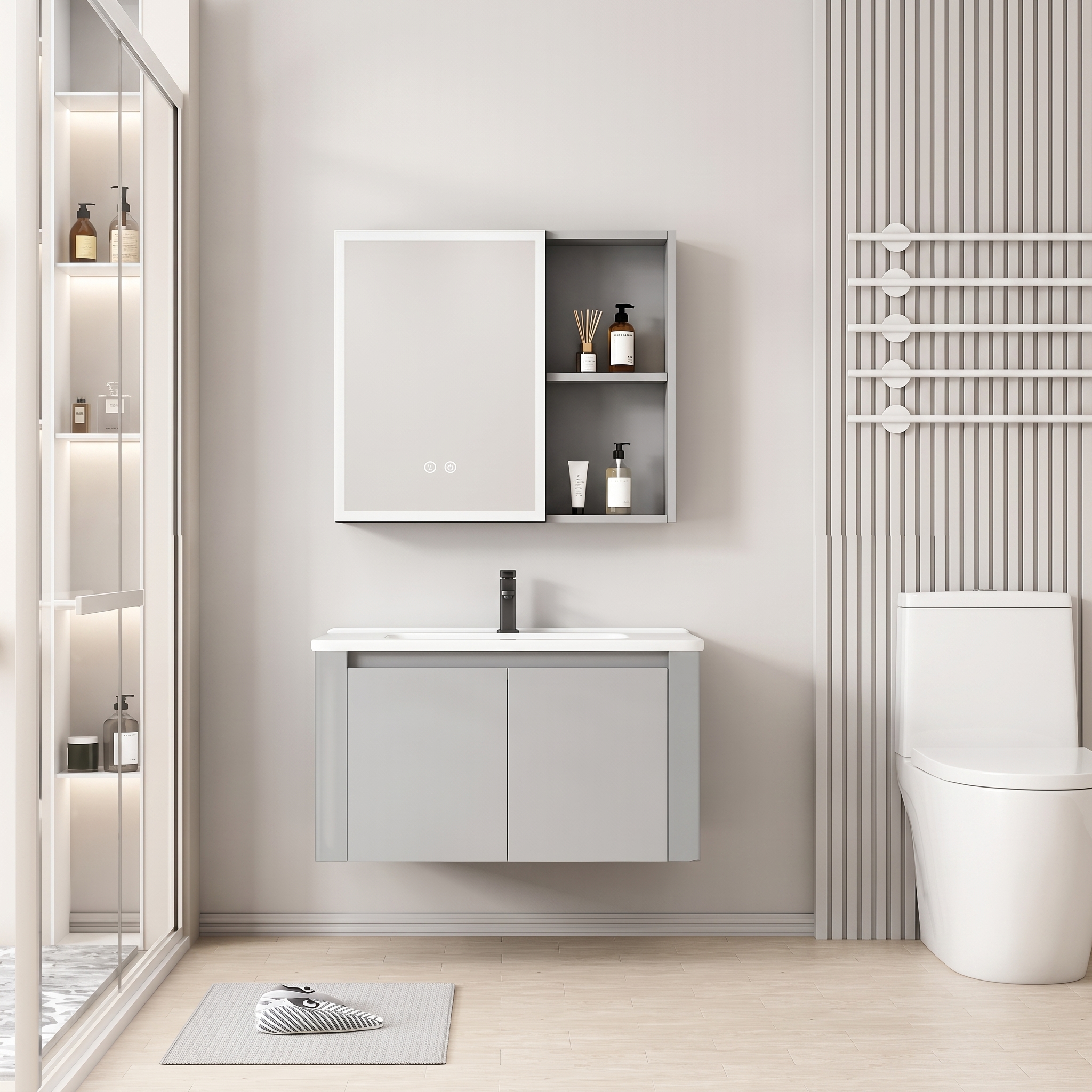 Pack Ensemble Meuble de Salle de Bain Minimaliste Suspendu aux Bords Arrondis avec Armoire de Toilette LED - 60 cm (Gris Clair)