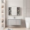 Pack Ensemble Meuble de Salle de Bain Familial Suspendu aux Bords Arrondis avec Grande Armoire de Toilette LED Symétrique - 100 cm (Gris Clair)