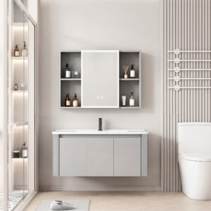 Ensemble Meuble de Salle de Bain Familial Suspendu aux Bords Arrondis avec Grande Armoire de Toilette LED Symétrique - 100 cm (Gris Clair)