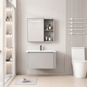 Ensemble Meuble de Salle de Bain Minimaliste Suspendu aux Bords Arrondis avec Armoire de Toilette à Bandeau LED - 70 cm (Gris Clair)
