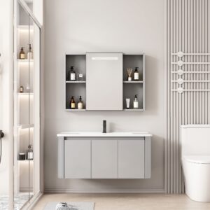 Ensemble Meuble de Salle de Bain Familial Suspendu aux Bords Arrondis avec Grande Armoire de Toilette à Bandeau LED - 100 cm (Gris Clair)
