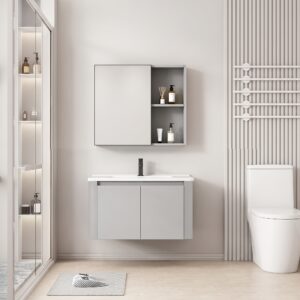 Ensemble Meuble de Salle de Bain Minimaliste Suspendu aux Bords Arrondis avec Armoire de Toilette - 70 cm (Gris Clair)
