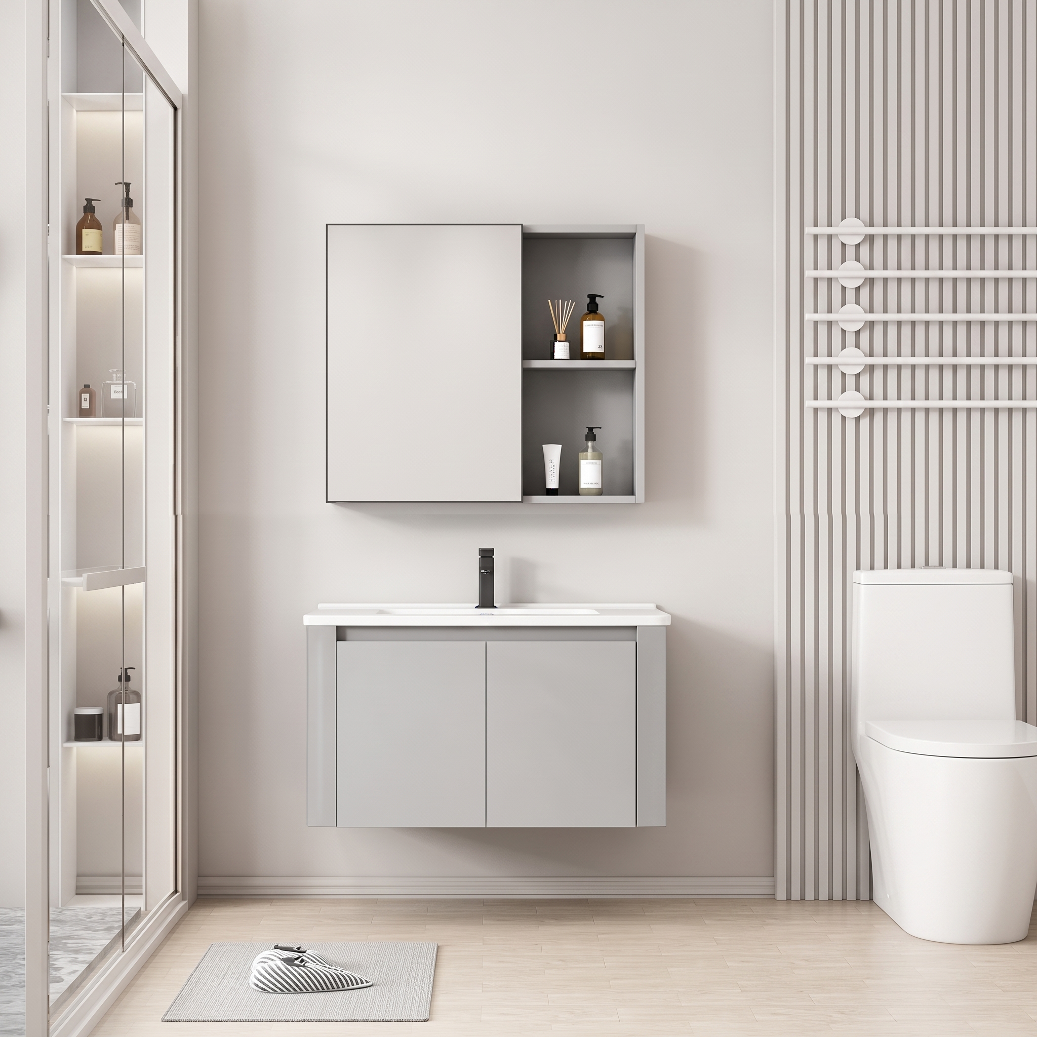 Pack Ensemble Meuble de Salle de Bain Minimaliste Suspendu aux Bords Arrondis avec Armoire de Toilette - 70 cm (Gris Clair)