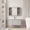 Pack Ensemble Meuble de Salle de Bain Familial Suspendu aux Bords Arrondis avec Grande Armoire de Toilette Symétrique - 90 cm (Gris Clair)