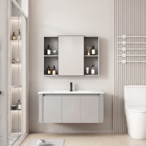 Ensemble Meuble de Salle de Bain Familial Suspendu aux Bords Arrondis avec Grande Armoire de Toilette Symétrique - 90 cm (Gris Clair)