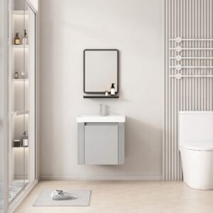 Ensemble Meuble de Salle de Bain Compact Suspendu aux Bords Arrondis avec Miroir et Étagère - 50 cm (Gris Clair)