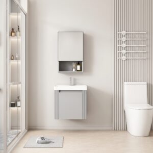 Ensemble Meuble de Salle de Bain Compact Suspendu aux Côtés Rainurés avec Armoire de Toilette et Niche - 50 cm (Gris Clair)