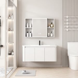 Ensemble Meuble de Salle de Bain Familial Suspendu aux Bords Arrondis avec Grande Armoire de Toilette LED Symétrique - 100 cm (Blanc)