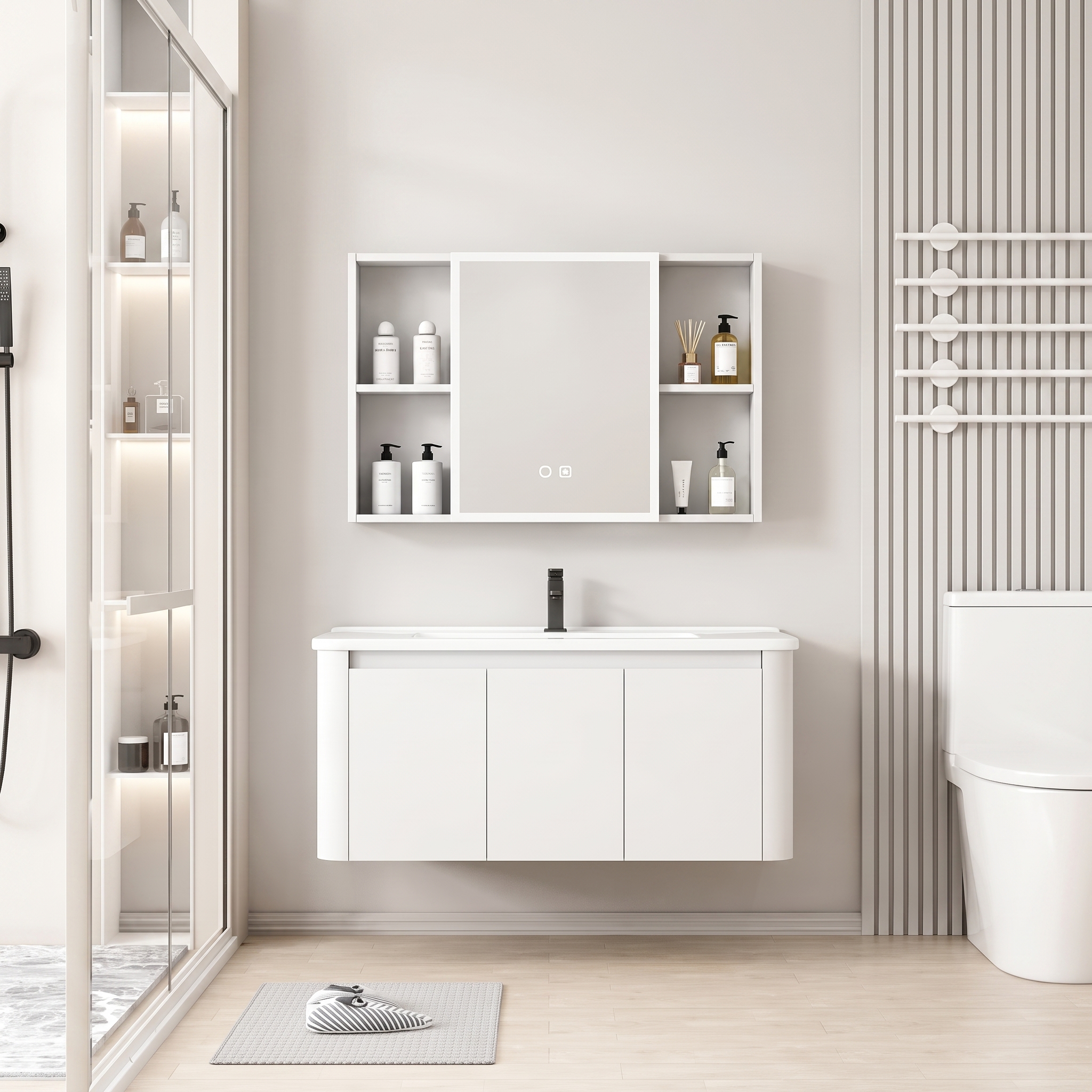 Pack Ensemble Meuble de Salle de Bain Familial Suspendu aux Bords Arrondis avec Grande Armoire de Toilette LED Symétrique - 100 cm (Blanc)