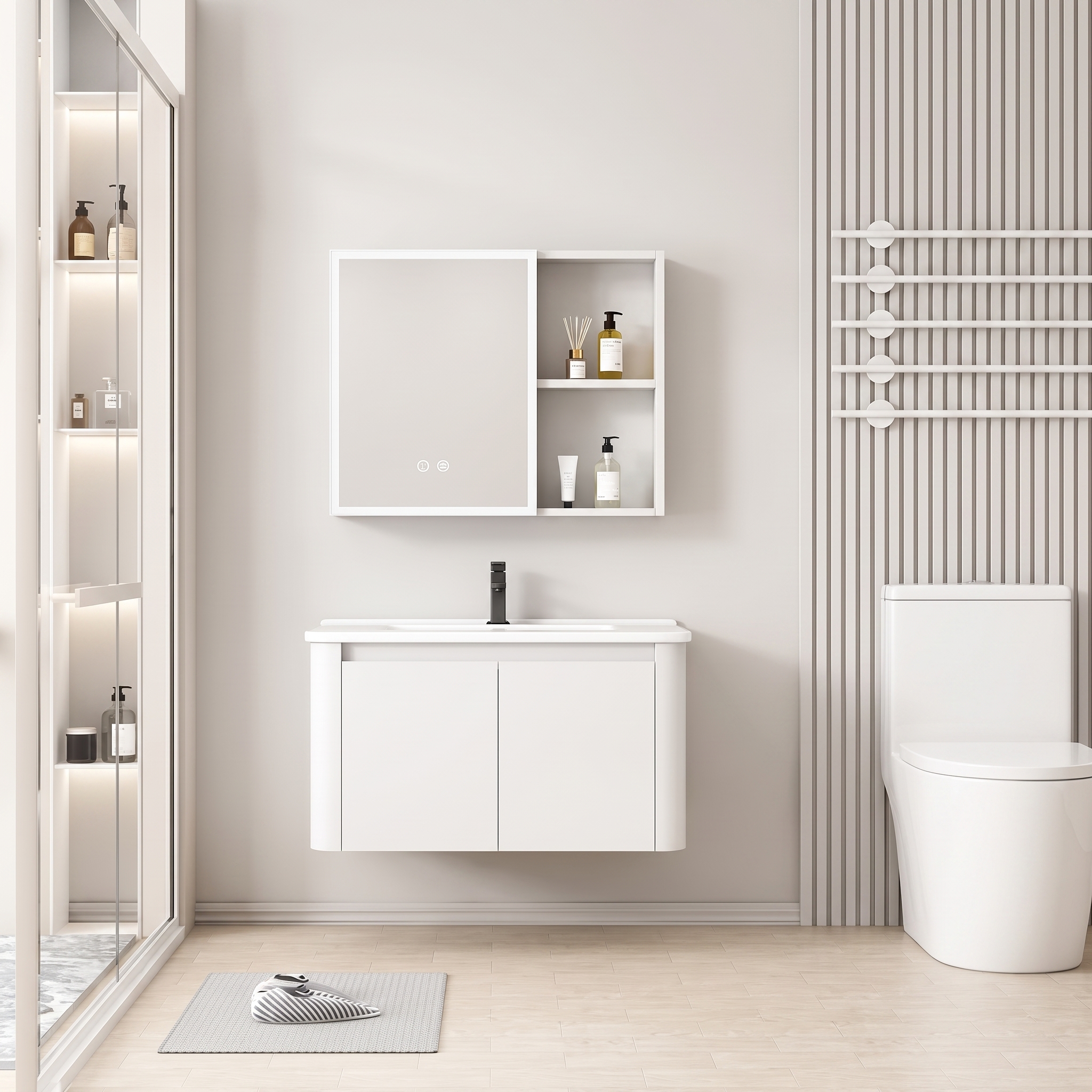 Pack Ensemble Meuble de Salle de Bain Minimaliste Suspendu aux Bords Arrondis avec Armoire de Toilette LED - 70 cm (Blanc)