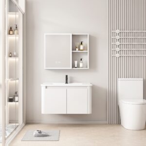 Ensemble Meuble de Salle de Bain Minimaliste Suspendu aux Bords Arrondis avec Armoire de Toilette LED - 80 cm (Blanc)