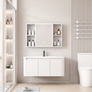 Ensemble Meuble de Salle de Bain Familial Suspendu aux Bords Arrondis avec Grande Armoire de Toilette LED Symétrique - 100 cm (Blanc)