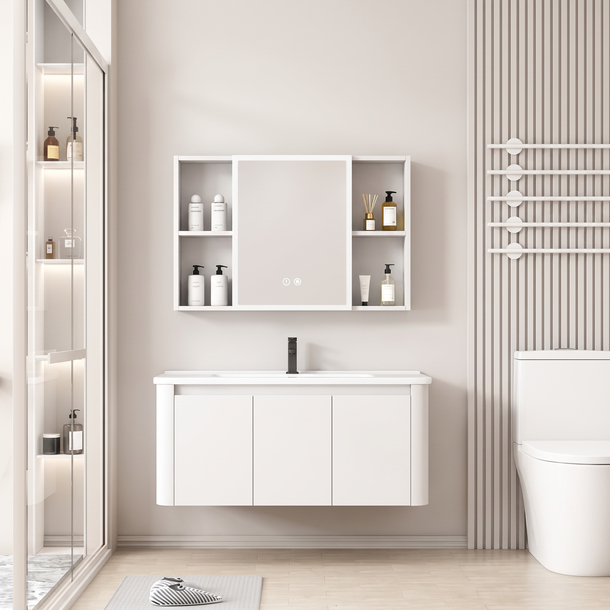 Pack Ensemble Meuble de Salle de Bain Familial Suspendu aux Bords Arrondis avec Grande Armoire de Toilette LED Symétrique - 100 cm (Blanc)