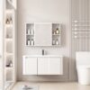 Pack Ensemble Meuble de Salle de Bain Familial Suspendu aux Bords Arrondis avec Grande Armoire de Toilette LED Symétrique - 90 cm (Blanc)