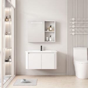 Ensemble Meuble de Salle de Bain Minimaliste Suspendu aux Bords Arrondis avec Armoire de Toilette à Bandeau LED - 70 cm (Blanc)