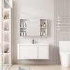 Pack Ensemble Meuble de Salle de Bain Familial Suspendu aux Bords Arrondis avec Grande Armoire de Toilette à Bandeau LED - 90 cm (Blanc)
