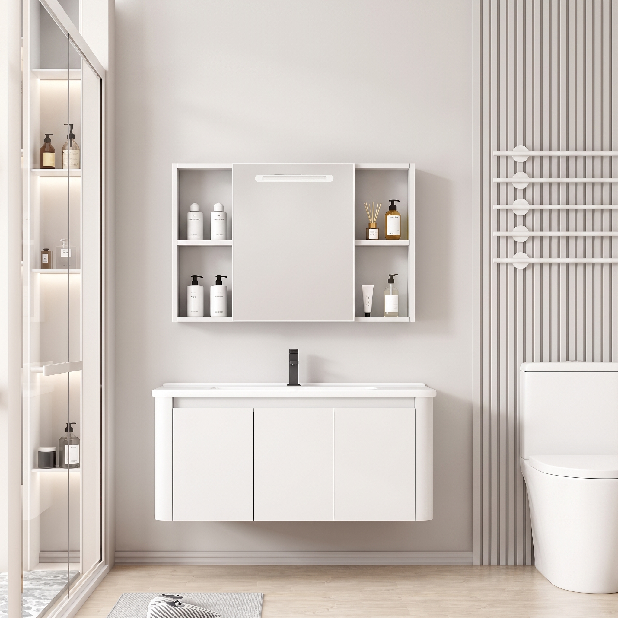 Pack Ensemble Meuble de Salle de Bain Familial Suspendu aux Bords Arrondis avec Grande Armoire de Toilette à Bandeau LED - 90 cm (Blanc)
