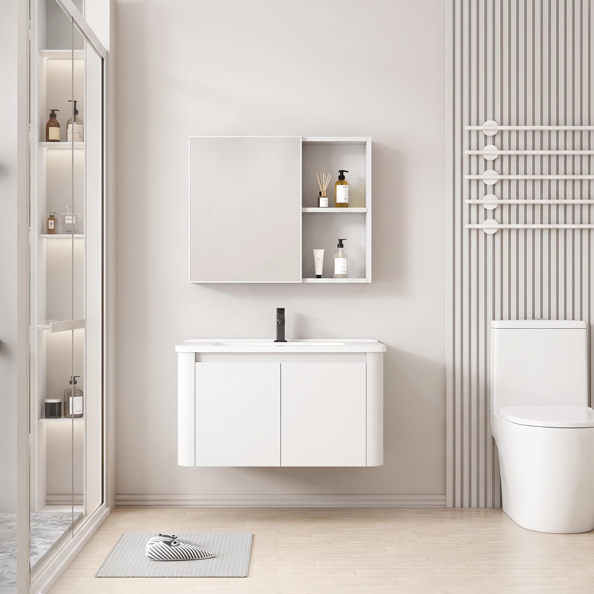 Pack Ensemble Meuble de Salle de Bain Minimaliste Suspendu aux Bords Arrondis avec Armoire de Toilette - 80 cm (Blanc)