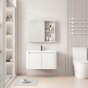Ensemble Meuble de Salle de Bain Minimaliste Suspendu aux Bords Arrondis avec Armoire de Toilette - 60 cm (Blanc)