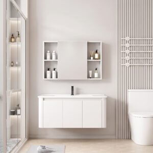Ensemble Meuble de Salle de Bain Familial Suspendu aux Bords Arrondis avec Grande Armoire de Toilette Symétrique - 100 cm (Blanc)