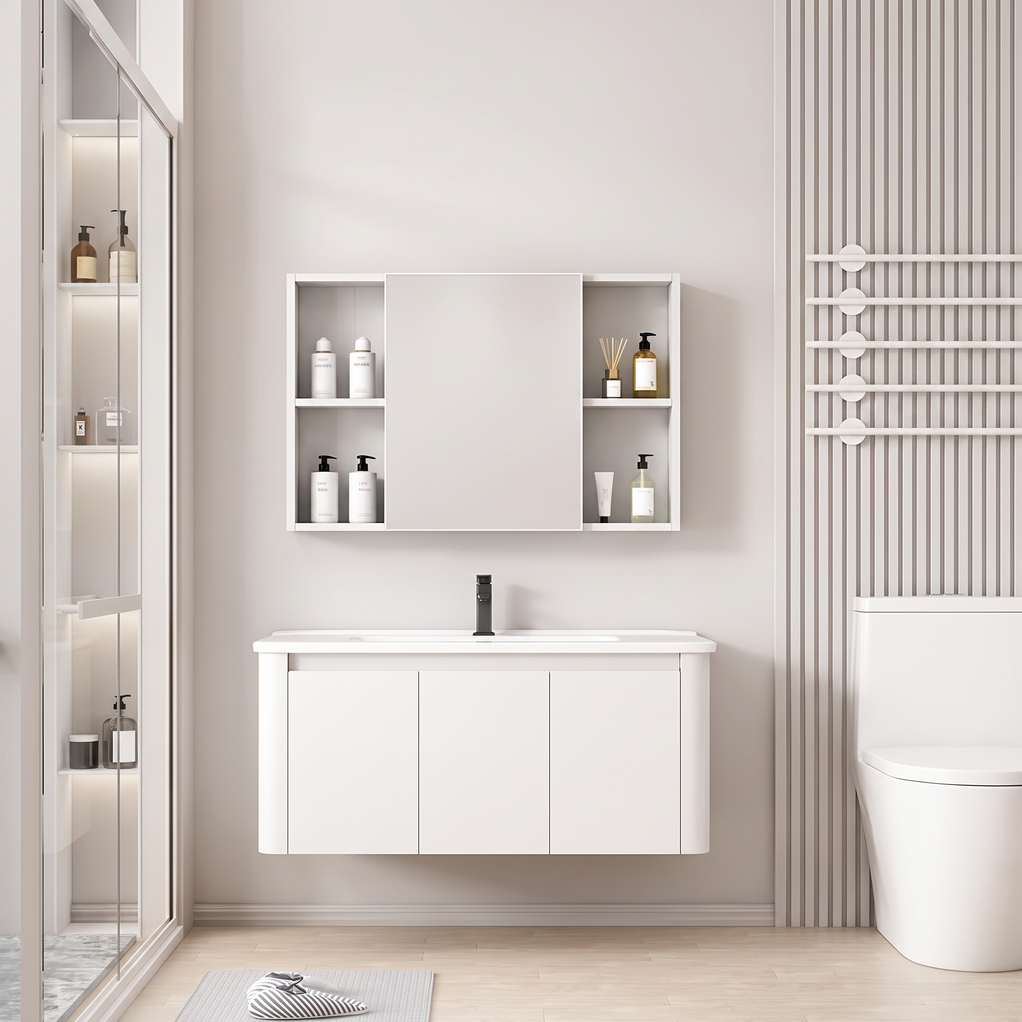 Pack Ensemble Meuble de Salle de Bain Familial Suspendu aux Bords Arrondis avec Grande Armoire de Toilette Symétrique - 100 cm (Blanc)